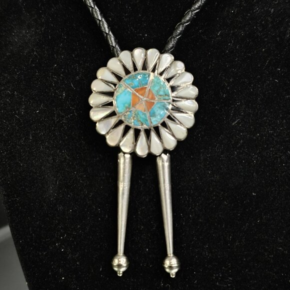 Zuni Sunface Inlay Turquoise Mother of PearlBolo Tie With Sterling Silver Tips - Picture 9 of 10